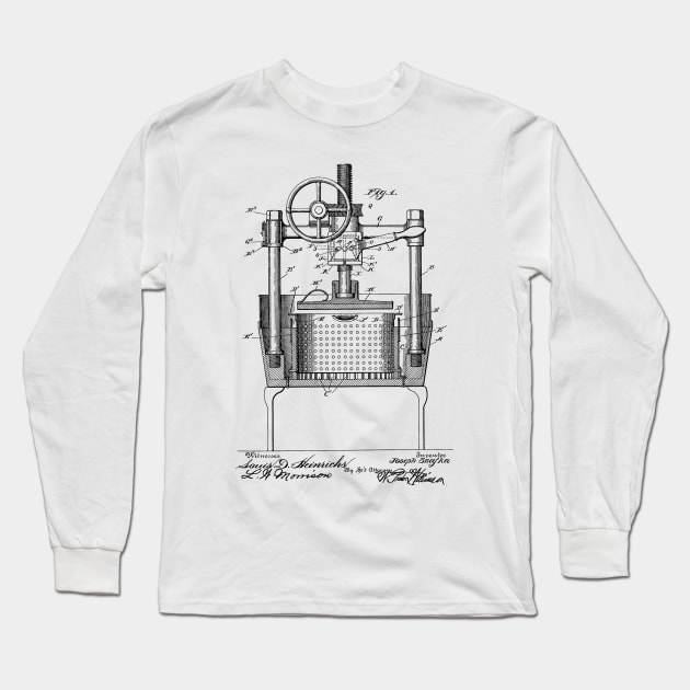 Wine Press Vintage Patent Hand Drawing Long Sleeve T-Shirt by TheYoungDesigns